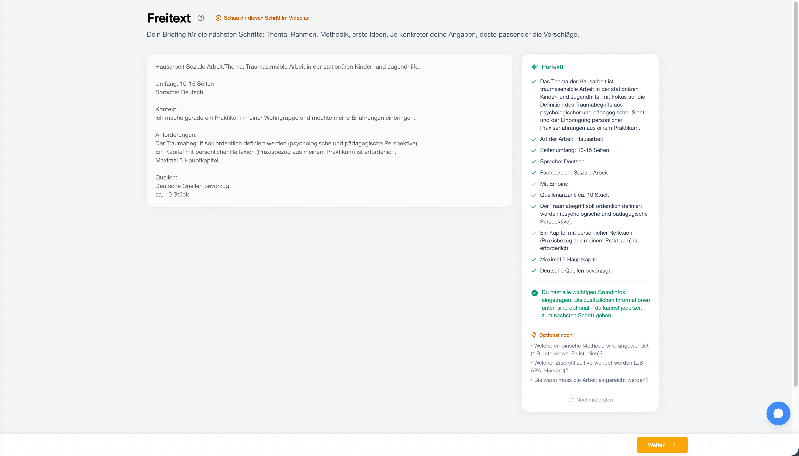 StudyTexter Briefing mit Thema, Fachbereich und Anforderungen
