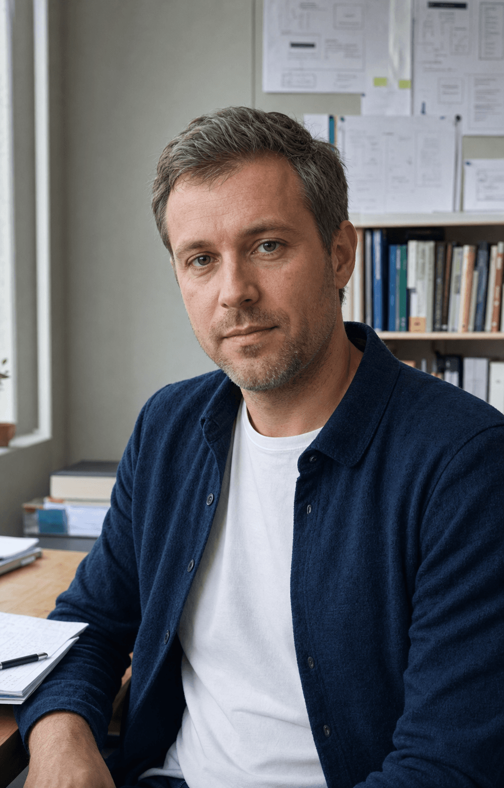 Jonas Reuter an einem Schreibtisch mit Notizen im Hintergrund